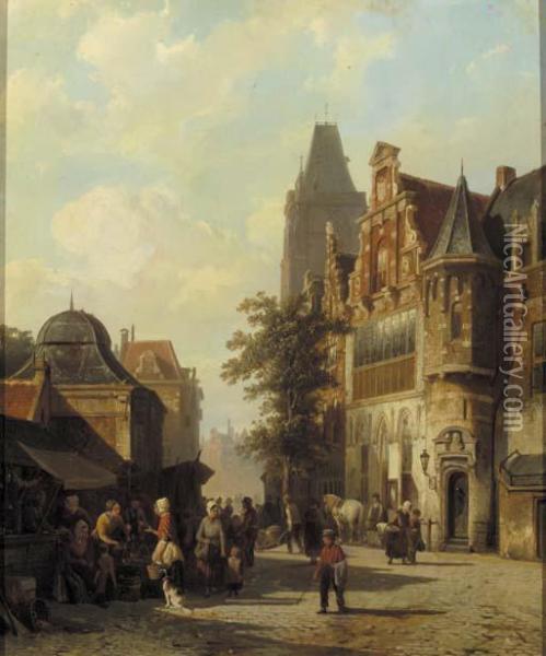 Townsfolk Gathered Around Market
 Stalls, A Capriccio View Ofwoerden's Cityhall In The Background Oil Painting - Cornelis Springer