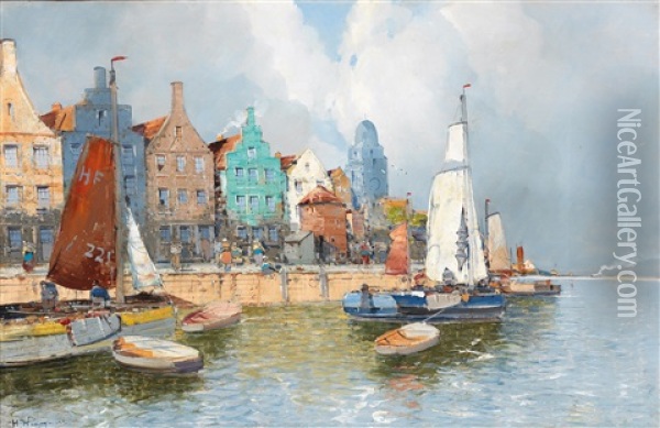 Dutch Harbour View Oil Painting - Georg Fischhof