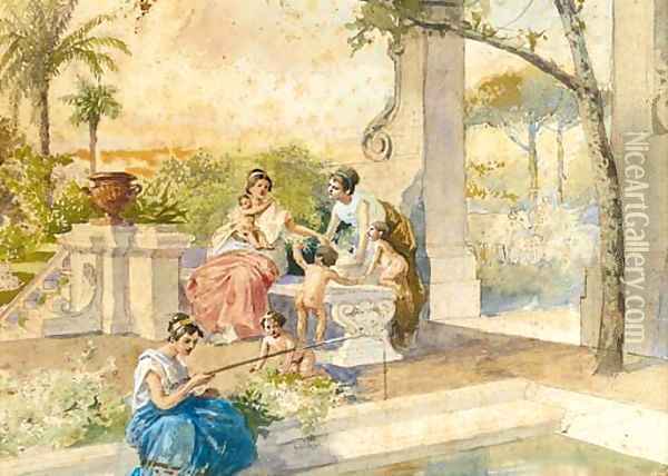 A Classical figure fishing beside a pool in an ornate garden Oil Painting - Cesare Felix dell' Acqua