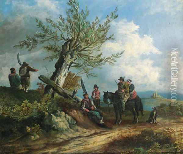 Travellers on a sandy track, in a mountainous landscape Oil Painting - Dutch School