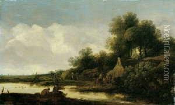 Flusslandschaft Mit Bauerngehoft Und Angler. Oil Painting - Pieter De Molijn