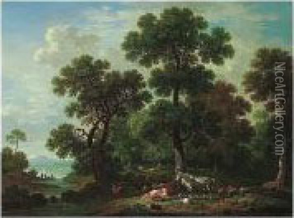 A Wooded Landscape With Cattle, 
Sheep And Horses Resting On The Banks Of A River, A Lake Beyond Oil Painting - Simon Mathurin Lantara