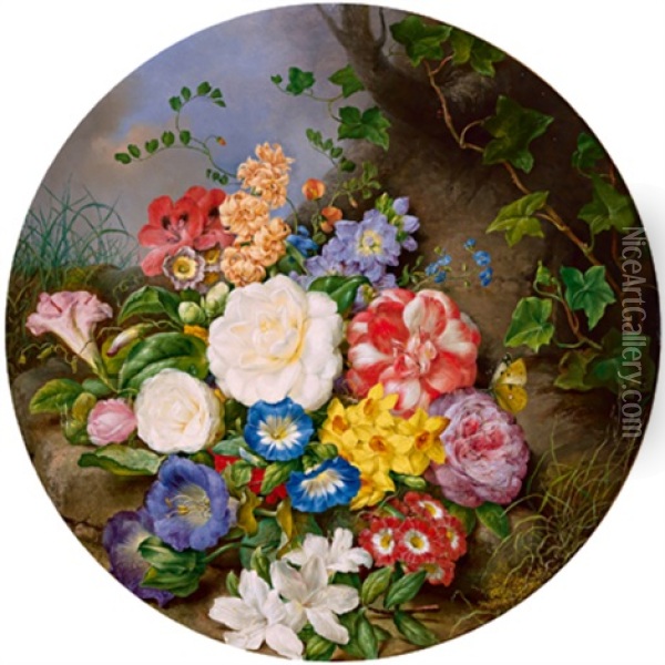 Ein Blumenstuck Am Waldboden Mit Rosen, Wicken, Narzissen, Schlusselblumen Und Schmetterling Oil Painting - Franz Xaver Petter