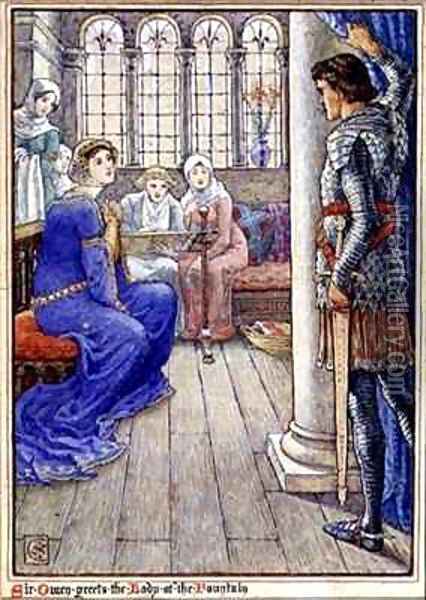 Sir Owen Greets the Lady of the Fountain Oil Painting - Walter Crane