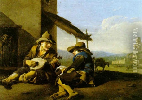 Tva Gossar I Italienskt Landskap, En Spelar Luta, En Sjungar Oil Painting - Johannes Lingelbach
