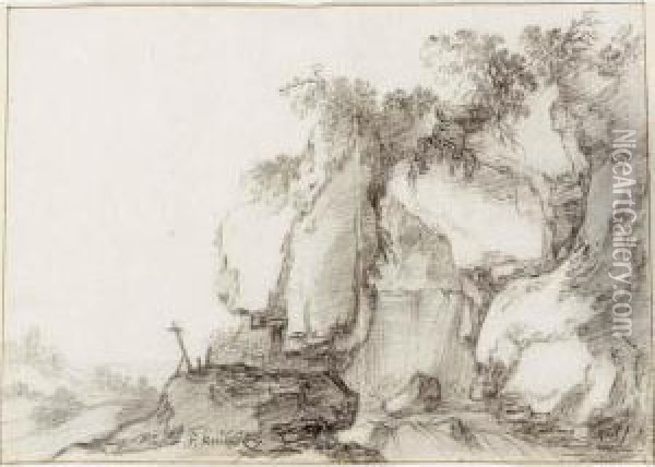 Rocks Overgrown With Bushes And A Cross On A Rock Oil Painting - Francis Van Knibbergen