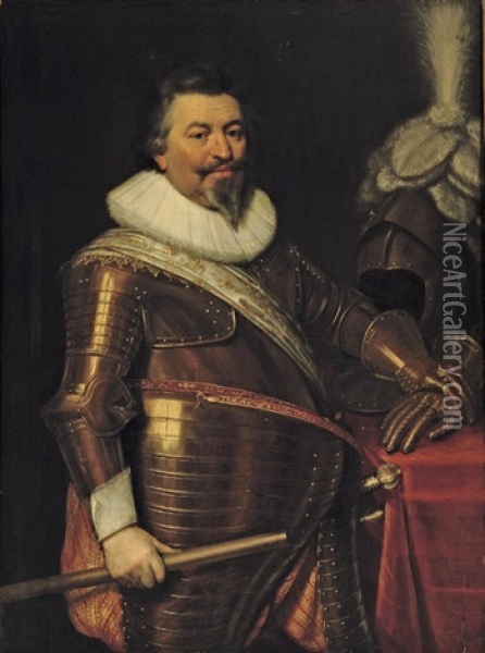 Portrait Of An Officer In Armour With A White Sash And Molensteenkraag Oil Painting - Jan Anthonisz Van Ravesteyn
