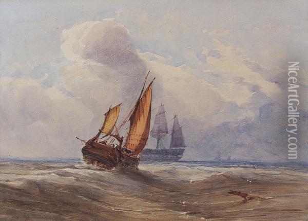 Sailing Barrge And Naval Frigate In A Stiffbreeze Oil Painting - John Callow