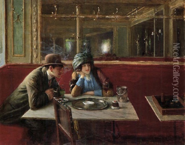Au Cafe Oil Painting - Jean Beraud