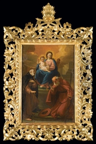 The Madonna And Child Enthroned With Saint Anthony Abbot And Saint Jerome(?) Oil Painting - Ubaldo Gandolfi