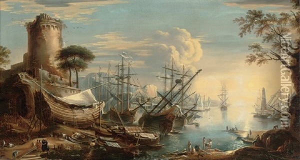 A Mediterranean Coastal Landscape With Shipping In A Harbor And Bathers On A Bank Oil Painting - Claude Lorrain