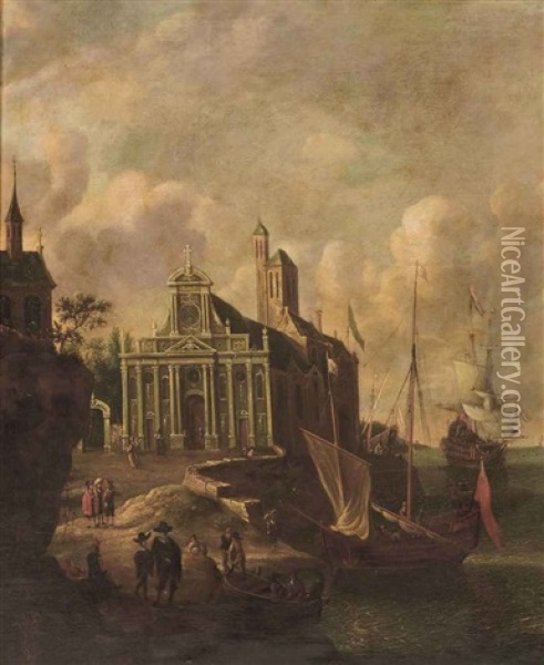 An Italianate Harbour View With A Church And Mooring Ships Oil Painting - Jan Abrahamsz. Beerstraten