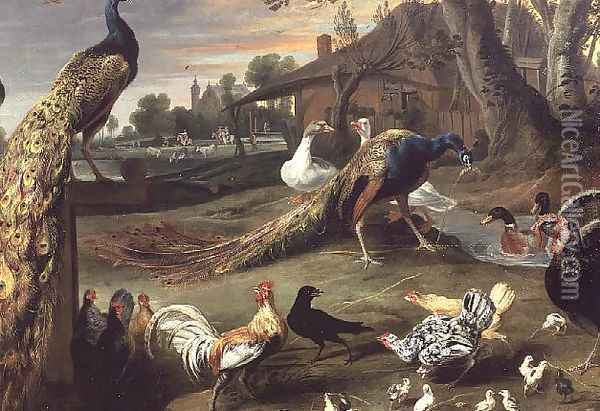 Peacock and other Birds in a Landscape Oil Painting - Jan Victors