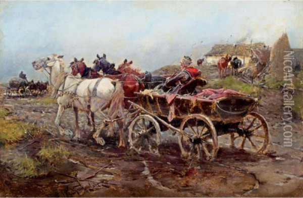 A Horse-drawn Carriage Oil Painting - Alfred Wierusz-Kowalski