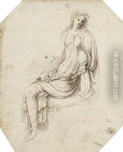 A Seated Female Figure Oil Painting - Girolamo da Carpi