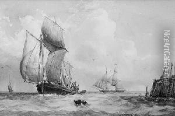 Vessels Off A Jetty Oil Painting - Henry Burdon Richardson