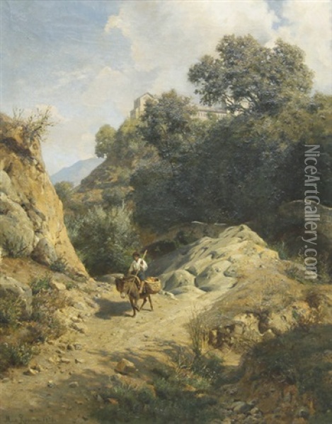 Italienische Gebirgslandschaft Mit Eselsreiter Bei Einem Kloster (montecassino?) Oil Painting - Max Wilhelm Roman