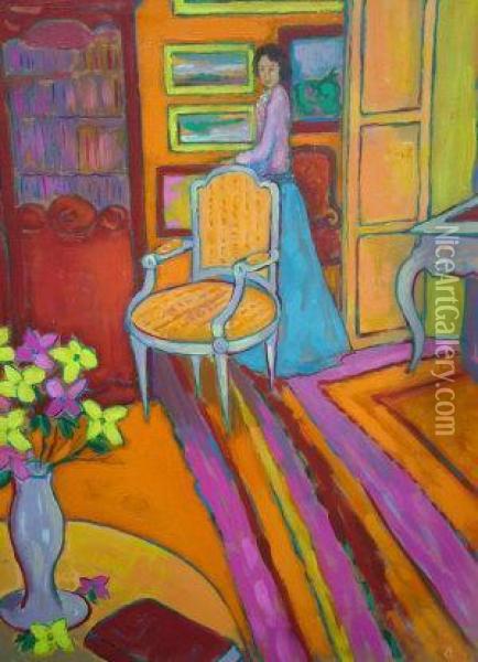 Lady In An Interior With A Vase Of Flowers Oil Painting - Auguste Matisse