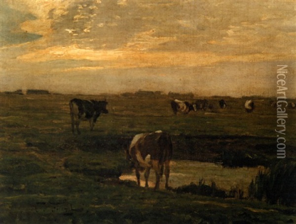 Cattle By A Pond At Sunset Oil Painting - Oskar Frenzel