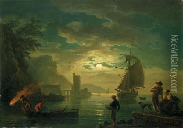 L'entree Du Port Au Clair De Lune Oil Painting - Claude-joseph Vernet