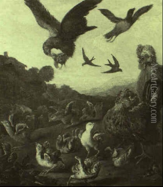 Hawks Carrying Off Chicks Being Defended By A Hen Oil Painting - Pieter Casteels III