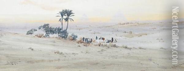 'the Pyramids From The North'; 'ruins Near Luxor' Oil Painting - Augustus Osborne Lamplough