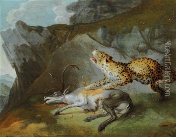 A Leopard And A Killed Stag Oil Painting - Carl Borromaus Andreas Ruthart