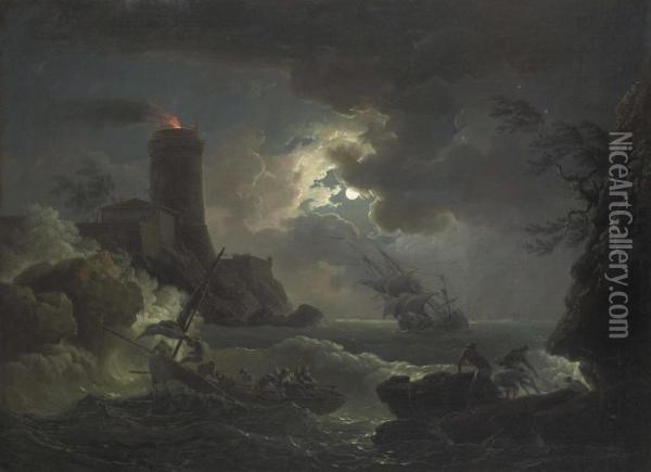 Shipwrecked Figures And Fishermen Bringing In Their Nets In A Storm, A Lighthouse Beyond Oil Painting - Claude-joseph Vernet