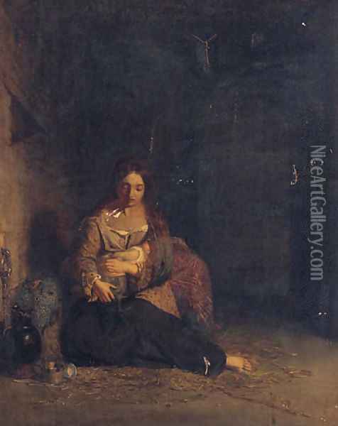 Mother And Child In A Stable Oil Painting - Charles Baxter