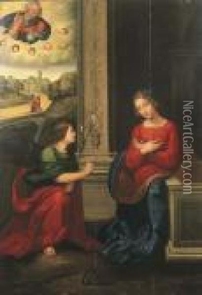 Annunciazione Con Il Padre Eterno E I Santi Pietro E Giovanni Battista In Lontananza Oil Painting - Garofalo