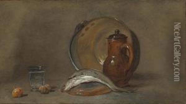 Still Life With A Copper Pot, A Pitcher, Fish, A Glass, Two Nutsand An Onion Oil Painting - Jean-Baptiste-Simeon Chardin