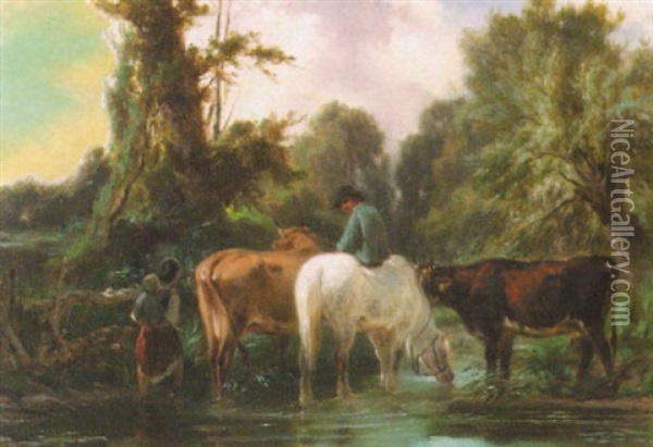 Idyllic Landscape With Peasants Watering The Horses And Cows Oil Painting - Albert-Lucien Dubuisson