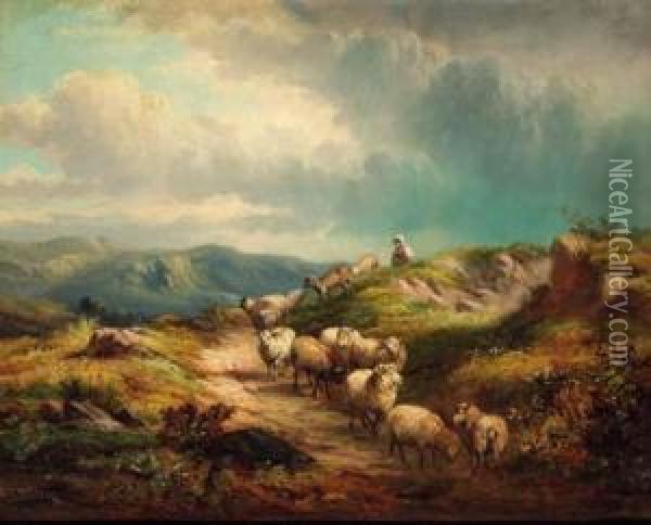 Sheep On A Mountain Track Oil Painting - William R. Stone