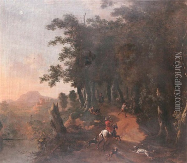 An Italianate Landscape At Evening With A Huntsman And Hounds Entering A Wood In The Foreground Near Travellers On A Track Oil Painting - Jan Hackaert