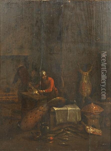 An Interior Scene With A Figure At A Tablecleaning Fish And Game Oil Painting - David The Younger Teniers