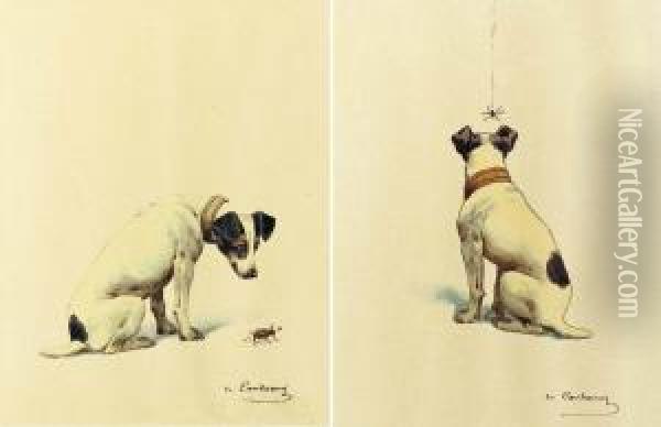 Jack Russell Terriers With Insects Oil Painting - Charles Fernand de Condamy