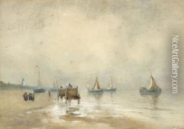 Ships And Fishcarts On The Beach At Katwijk Oil Painting - Willem Joannes Schutz