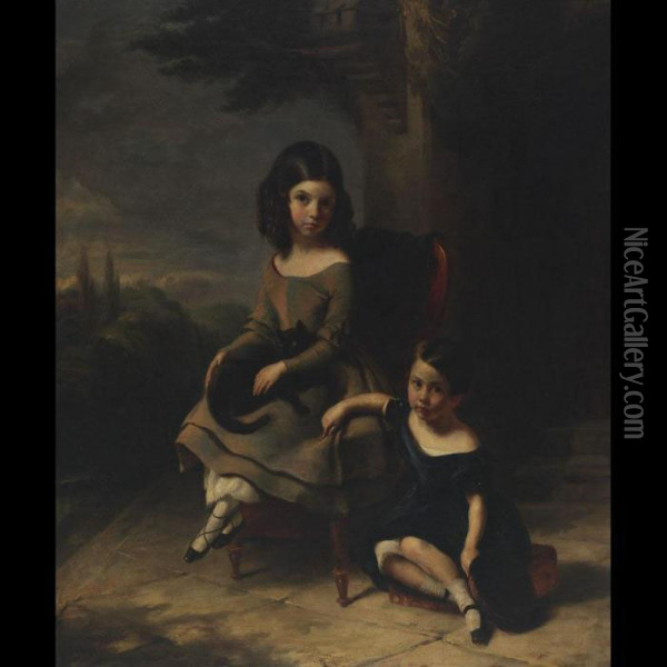 Children With A Cat Seated In A Landscape Oil Painting - William Huggins
