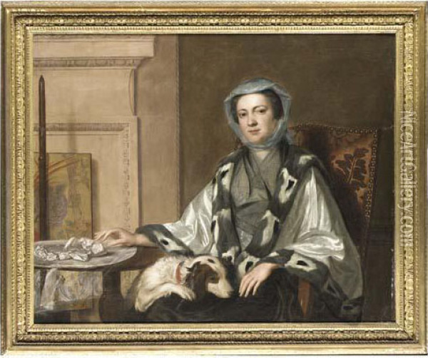 Portrait Of Mrs Neate, Of 
Donnington, Hampshire, Half-length, In Anembroidered Silver Shawl 
Trimmed With Fur, Seated By A Table With Aspaniel Her Lap, In An 
Interior, Beside A Polescreen Oil Painting - George Knapton
