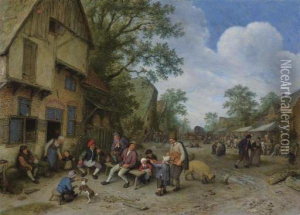 A Village Street With A Hurdy-gurdy Player And A Violinist Playing Outside A Tavern Oil Painting - Adriaen Jansz. Van Ostade