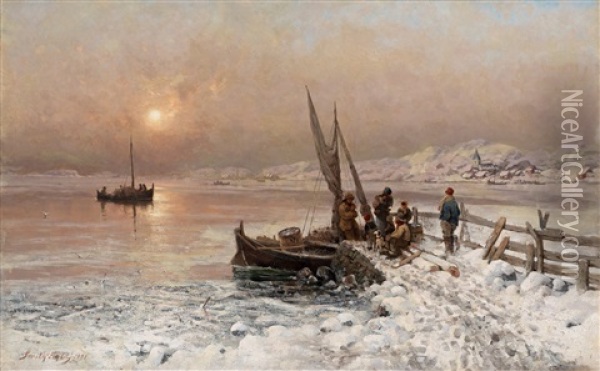 Vinterfiske Oil Painting - Frithjof Smith-Hald