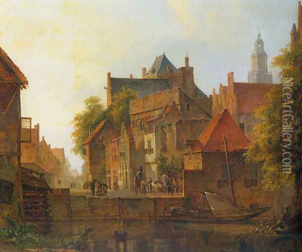 View of a town with a blacksmith at work on a quay Oil Painting - Kasparus Karsen