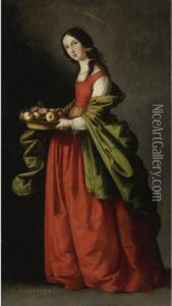 Saint Dorothy, Full-length, Holding A Basket Of Apples Androses Oil Painting - Francisco De Zurbaran
