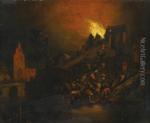 A Nighttime Scene Of Attack Oil Painting - Adriaen Lievensz van der Poel