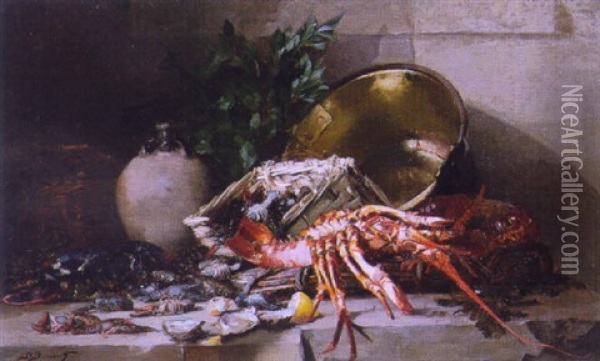 Still Life With Lobster And Seafood Oil Painting - Denis Pierre Bergeret