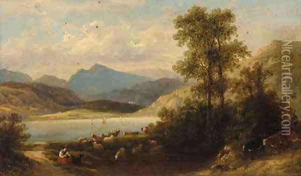 A drover with cattle and a shepherdess in a mountainous lake landscape Oil Painting - Thomas Whittle