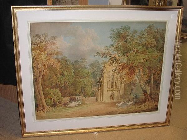 Abbey Ruins With A Shepherd And His Flock Of Sheep Oil Painting - James Baynes