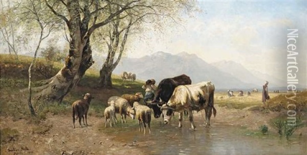 Mittagsrast An Der Tranke Oil Painting - Christian Friedrich Mali