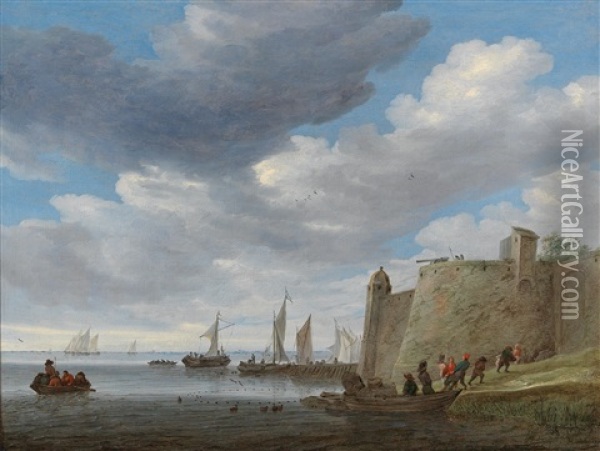 A River Estuary With Figures Pulling In Their Nets By A Fort Oil Painting - Salomon van Ruysdael