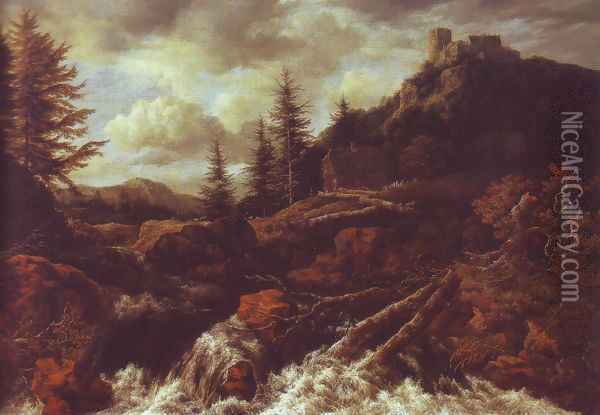 Waterfall in a mountainous landscape with a ruined castle Oil Painting - Jacob Van Ruisdael